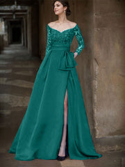 A-Line Off-The-Shoulder 3/4 Sleeves Sweep Train Lace/Satin Mother Of The Bride Dresses With Split Front