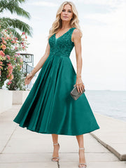 A-Line V-Neck Sleeveless Tea-Length Satin Mother Of The Bride Dresses With Lace