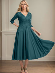 A-line V-Neck Tea-Length Chiffon Lace Mother of the Bride Dress With Beading Sequins