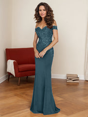 Off-The-Shoulder Elegant Elastic Satin Mother Of The Bride Dresses With Beaded Embroidery