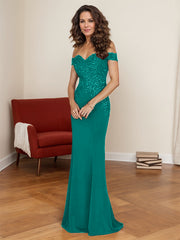 Off-The-Shoulder Elegant Elastic Satin Mother Of The Bride Dresses With Beaded Embroidery