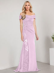 A-Line Off the Shoulder Floor-Length Chiffon Mother of the Bride Dress Applique Beadings Mermaid Dress With  High Split