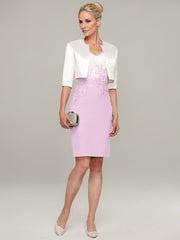 Sheath/Column V-Neck Knee-Length Satin Mother of the Bride Dress With Jacket Appliqued