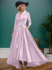 A-Line V-Neck 3/4 Sleeves Satin Mother Of The Bride Dresses With Pockets