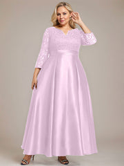 A-line V-Neck Ankle-Length Lace Satin Mother of the Bride Dress With Rhinestone