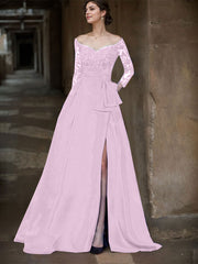 A-Line Off-The-Shoulder 3/4 Sleeves Sweep Train Lace/Satin Mother Of The Bride Dresses With Split Front