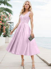 A-Line V-Neck Sleeveless Tea-Length Satin Mother Of The Bride Dresses With Lace