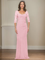 Sheath/Column Square Neckline 3/4 Sleeves Floor-Length Jersey Mother Of The Bride Dresses With Lace