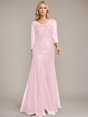Trumpet/Mermaid Illusion V-Neck Floor-Length Tulle Sequin Lace Mother of the Bride Dress