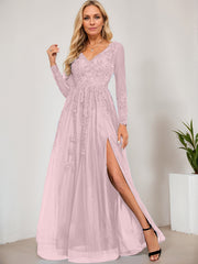 A-line V-Neck Floor-Length Tulle Prom Dresses With Sequins Appliques Lace Beading