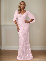 Sheath V-Neck Floor-Length Tulle Mother of the Bride Dress