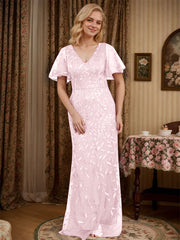 Sheath V-neck Short Sleeves Floor-Length Lace Mother of the Bride Dress