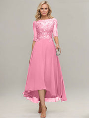 A-line Illusion Boat Neck Asymmetrical Chiffon Lace Mother of the Bride Dress With Sequins Beading