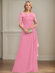 A-line Scoop Illusion Floor-Length Lace Chiffon Mother of the Bride Dress With Cascading Ruffles Sequins