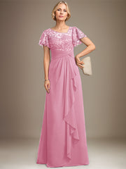 A-line Asymmetrical Illusion Floor-Length Lace Chiffon Mother of the Bride Dress With Cascading Ruffles Sequins