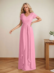 Elegant A-Line Chiffon V-neck Mother of the Brides Dresses Lace Top MOB Dresses