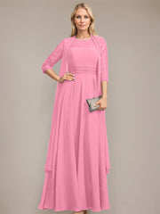 A-line Scoop Illusion Floor-Length Lace Chiffon Mother of the Bride Dress With Pleated