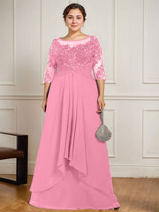A-line Scoop Illusion Floor-Length Lace Chiffon Mother of the Bride Dress With Cascading Ruffles