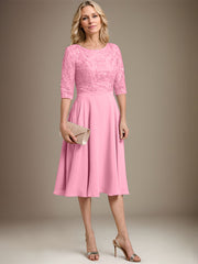 A-line Scoop Knee-Length Lace Chiffon Mother of the Bride Dress