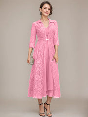 A-line V-Neck Tea-Length Chiffon Mother of the Bride Dress