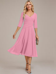 A-line V-Neck Tea-Length Chiffon Mother of the Bride Dress With Pleated