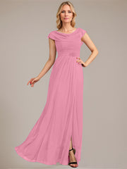 A-line Scoop Floor-Length Mesh Mother of the Bride Dress With Pleated Beading