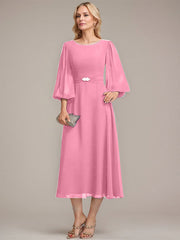 A-line Scoop Tea-Length Chiffon Mother of the Bride Dress With Crystal Brooch Pleated