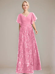 A-line V-Neck Floor-Length Lace Sequin Chiffon Mother of the Bride Dress With Pleated