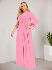 A-line Scoop Illusion Floor-Length Lace Chiffon Mother of the Bride Dress With Sequins Pleated