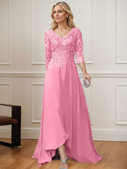 A-Line V-Neck 3/4 Sleeves Chiffon Mother Of The Bride Dresses With Lace