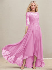 A-line Scoop Illusion Asymmetrical Lace Chiffon Mother of the Bride Dress With Pleated Sequins