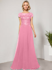 A-line Scoop Illusion Floor-Length Lace Chiffon Evening Dress With Sequins