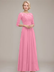 A-line Boat Neck Illusion Floor-Length Chiffon Lace Mother of the Bride Dress With Sequins Beading