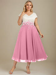A-line V-Neck Tea-Length Satin Chiffon Mother of the Bride Dress With Appliques Lace