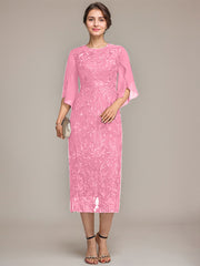 Sheath/Column Scoop Tea-Length Lace Chiffon Mother of the Bride Dress