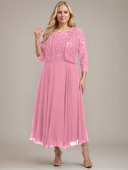 A-line Boat Neck Illusion Tea-Length Lace Chiffon Mother of the Bride Dress With Sequins