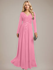 A-line V-Neck Floor-Length Stretch Crepe Evening Dress With Pleated Sequins Appliques Lace