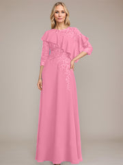 A-line Scoop Illusion Floor-Length Chiffon Lace Mother of the Bride Dress With Ruffle Sequins Beading