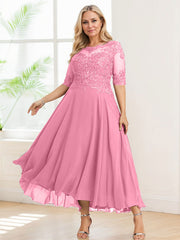 A-line Illusion Boat Neck Asymmetrical Chiffon Lace Mother of the Bride Dress With Sequins Beading