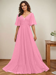 A-line V-Neck Floor-Length Chiffon Mother of the Bride Dress With Sequins Appliques Lace Pleated