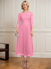 A-line Scoop Illusion Tea-Length Lace Chiffon Mother of the Bride Dress With Sequins Pleated