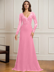 Sheath/Column V-Neck Detachable Sweep Train Lace Tulle Chiffon Mother of the Bride Dress With Sequins