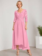 A-line V-Neck Asymmetrical Chiffon Lace Mother of the Bride Dress With Pleated Beading