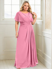 A-line Scoop Floor-Length Chiffon Mother of the Bride Dress With Pleated Beading