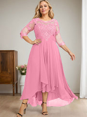 A-line Scoop Illusion Asymmetrical Lace Chiffon Mother of the Bride Dress With Cascading Ruffles
