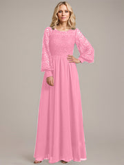 A-line Scoop Illusion Floor-Length Lace Chiffon Mother of the Bride Dress