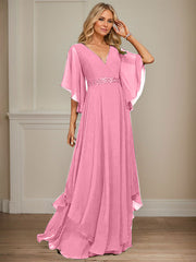 A-line V-Neck Floor-Length Chiffon Mother of the Bride Dress With Sequins Appliques Lace Beading