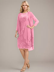 Sheath/Column Scoop Illusion Knee-Length Lace Chiffon Mother of the Bride Dress With Cascading Ruffles Sequins