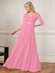 A-Line Floor-Length V-Neck Lace Chiffon Mother of the Bride Dress