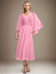 A-line V-Neck Tea-Length Chiffon Lace Mother of the Bride Dress With Sequins Beading